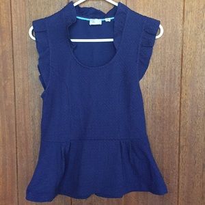 Navy Blue Peplum Top With Ruffle Sleeves